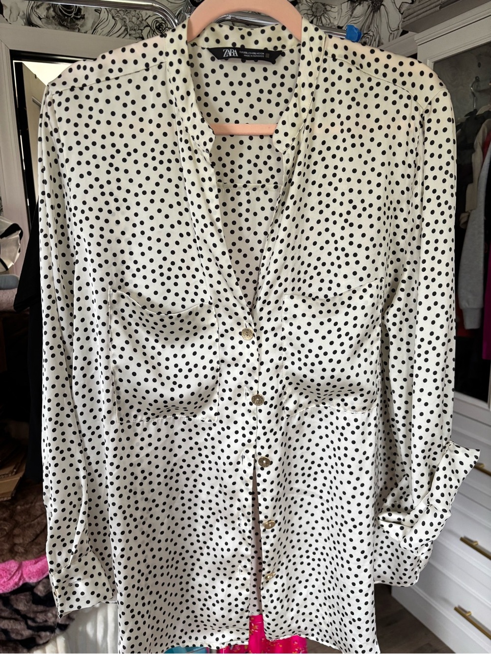 ZARA White Button-Down Blouse with Black Polka Dots